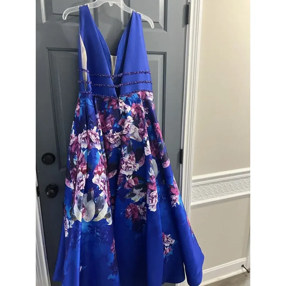 Ellie Wilde Mon Cheri EW118006 Blue V-neck A-line Floral Gown Prom 16/18* Read